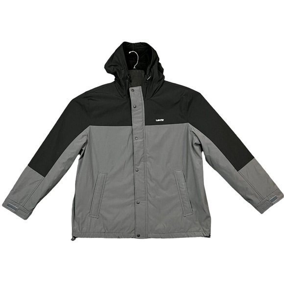 Levis Mens Fleece Lined Shell Jacket Size XXL Gray Black Hooded Water Resistant